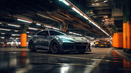 A modern basement parking area