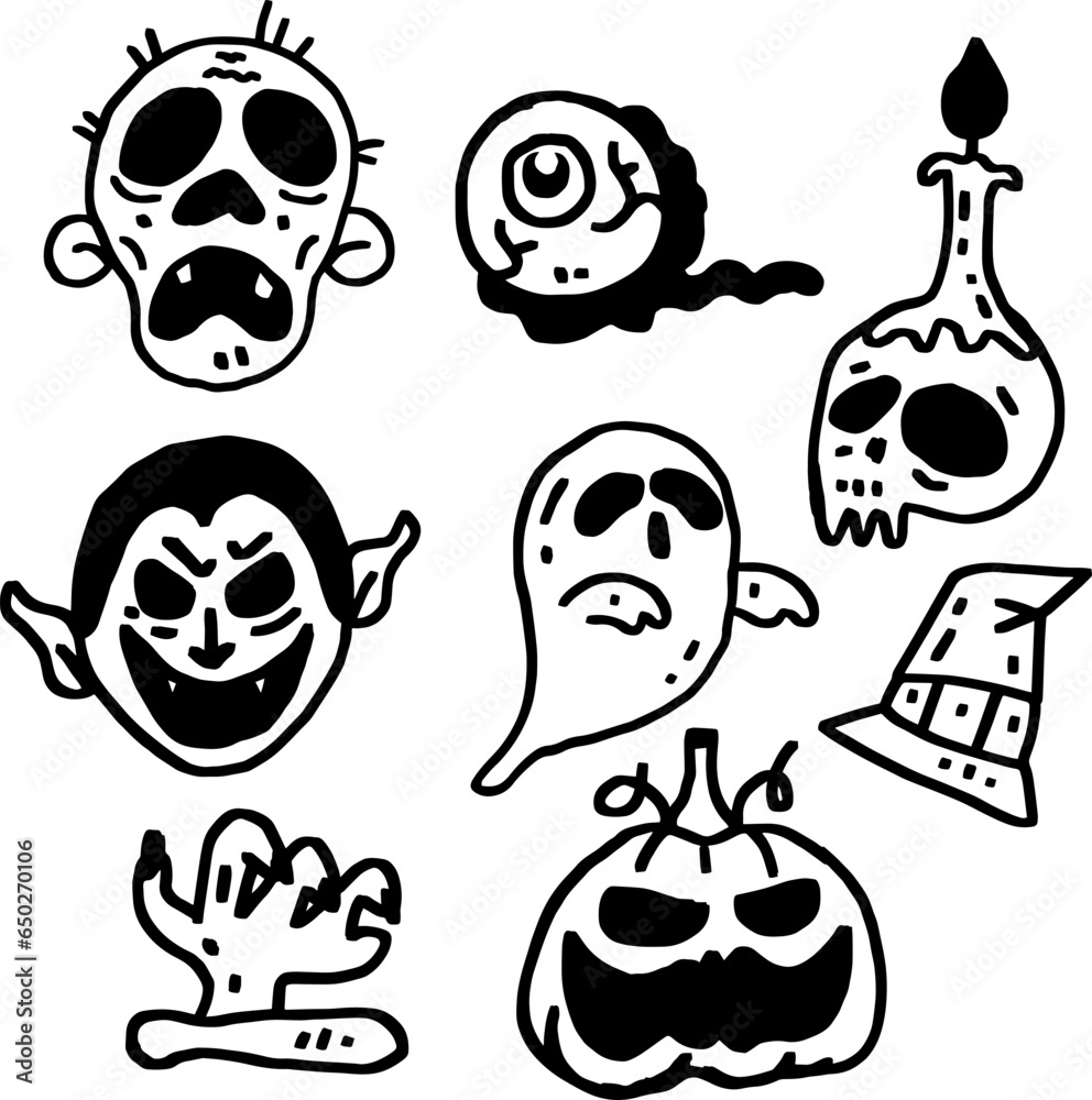 Sticker hand drawwn cute ghost and monster for halloween