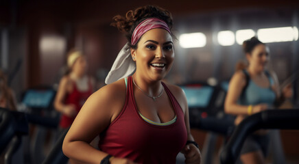 A beautiful strong Latin woman is running concentrated and smiling with a headband in a beautiful gym ; an obese young person - obrazy, fototapety, plakaty