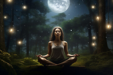 An Asian beautiful young and healthy woman is meditating relaxed with a yoga mat in a tranquil forest with stars and full moon visible