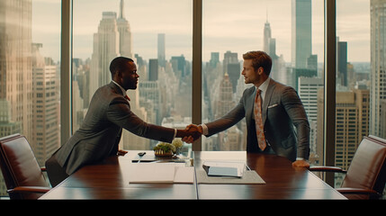 Two successful businessmen firmly shake hands to seal a lucrative business agreement - obrazy, fototapety, plakaty