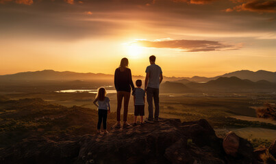 Parents and children contemplating beautiful landscape on a gazebo in the silhouette of the sunset.