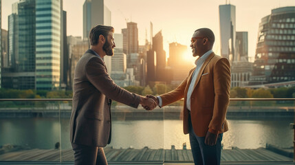 Two successful businessmen firmly shake hands to seal a lucrative business agreement - Powered by Adobe
