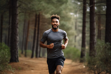 A beautiful strong and fit African American man is running concentrated and smiling with running shoes in a beautiful forest ; a fit and sexy slim person