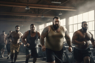 A group of mixed racial male people is running concentrated with dumbbells in a contest in a beautiful gym ;mixed obese and slim people - obrazy, fototapety, plakaty