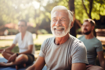 A group of senior happy man is doing yoga exercises relaxed and mindfull with a yoga mat in a city beautiful park on a sunny day - Powered by Adobe