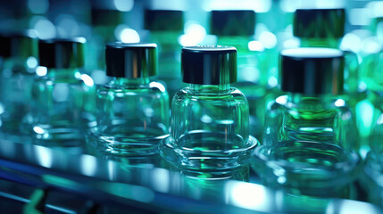 Close-up of medical vials in various stages of production on the conveyor belt of a pharmaceutical factory's sterile environment