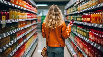 A woman in a supermarket, selects juice from the shelf, the assortment of food in the store.
