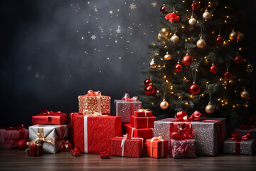 A several christmas gift box are on the floor in front of a decorated christmas tree with red christmas socks in a modern living dark room christmas atmosphere