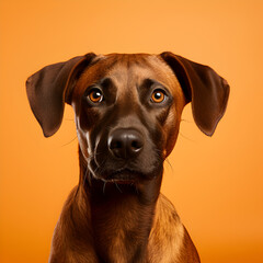 Dog, pet portrait, orange background. Generative AI.