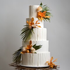 A multi-tiered white wedding cake adorned with  flowers. Its elegant tiers and floral accents create a stunning centerpiece for the celebration.