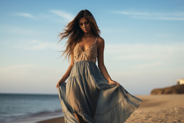 A young and beautiful latin woman is walking on the sand next to the waterline with a dress on a tropical beach with a calm ocean - autumn weather beach relaxing - Powered by Adobe