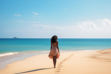 Fototapeta na wymiar A young and beautiful african american woman is walking on the sand with a dress on a tropical beach with a calm ocean - spring weather beach relaxing