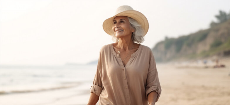 A senior old beautiful caucasian woman is walking on the sand next to the waterline with a dress on a tropical beach with a calm ocean - autumn weather beach relaxing