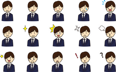 男性の表情のリアクションセット　ビジネススーツ