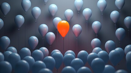 The concept of standing out, leadership, originality, and independence. A bright, vibrant balloon that stands out from the crowd. A metaphor for individuality and the courage to be different. - obrazy, fototapety, plakaty