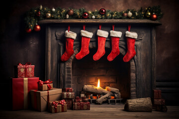 An one christmas gift box are on the floor in front of the chimney with red christmas socks in an old room with worn out dark furniture christmas atmosphere