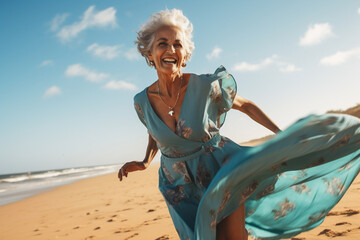 A senior old beautiful latin woman is running on the sand with a dress on a tropical beach with a calm ocean - autumn weather beach relaxing