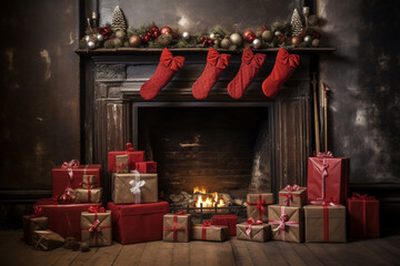 A several red christmas gift box are on the floor in front of the chimney with red christmas socks in an old room with worn out dark furniture christmas atmosphere