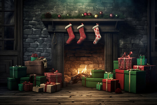 A several green christmas gift box are on the floor in front of the chimney with red christmas socks in an old room with worn out dark furniture christmas atmosphere