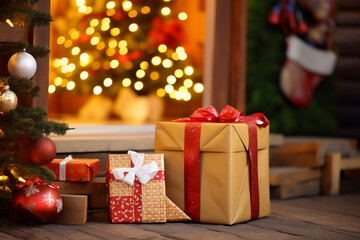 An one christmas gift box are on the floor in front of a decorated christmas tree with red christmas socks in a wooden cabin or light hut christmas atmosphere