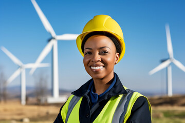 A professional female african american engineer is posing in front of the camera while wearing a yellow safety helmet with blue overall in front o a large wind turbine for sustainable energy park in a