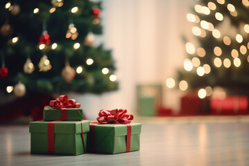 A several green christmas package is on the floor in front of a decorated christmas tree with red...