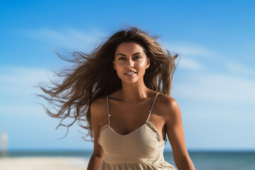 Naklejka premium A young and beautiful latin woman is running on the sand with a dress on a tropical beach with a calm ocean - spring weather beach relaxing