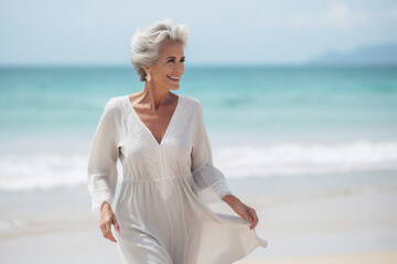 A senior old beautiful caucasian woman is walking on the sand with a dress on a tropical beach with a calm ocean - spring weather beach relaxing