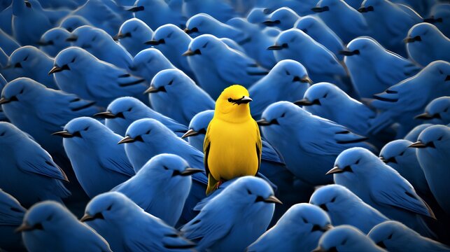 A vibrant yellow bird stands out in a crowd of identical blue birds, symbolizing individuality, uniqueness, and the courage to be different in a conformist society.