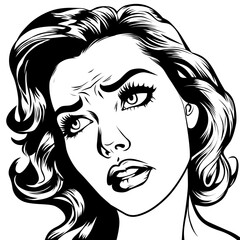 Crying young beautiful woman, vector illustration in vintage pop art comic style. Black and white outline