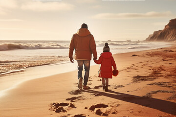 A happy mixed racial father and daughter are walking on the sand next to the waterline with in winter clothing on a European on a sunny day beach - an active family: family and relaxing time concept o