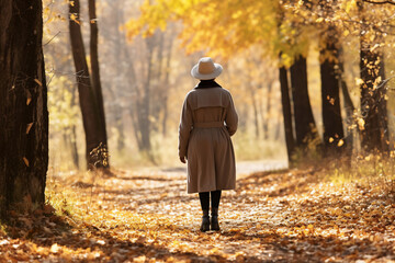 A senior african american woman is is walking on a forest trail enjoying the surroundings with an autumn coat in a calm and tranquil forest on a sunny day - relaxing walking activity in spare time or 