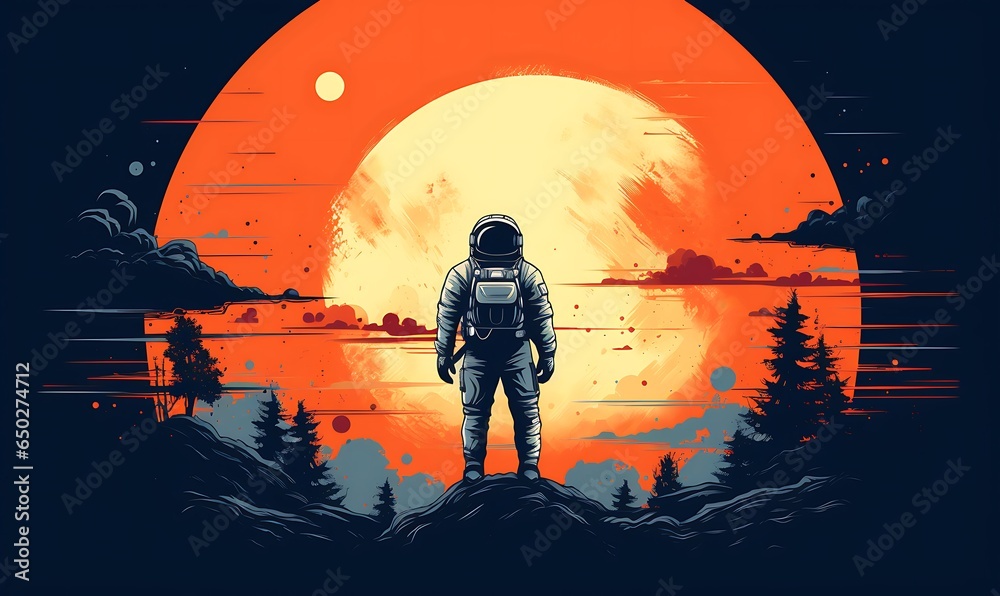 Wall mural cartoon style astronaut with cool orange sky background, Generative Ai