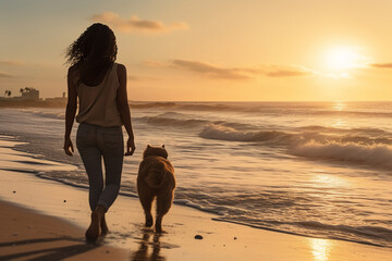A young african american female is walking next to the waterline seen from the back with a dog running happily around on a calm and tranquil beach during sunset - relaxing activity dog and human walki