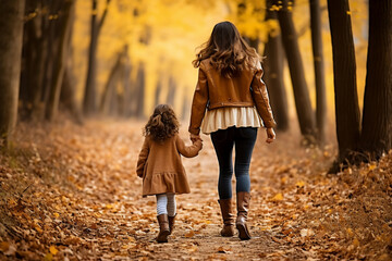 A happy and beautiful latin mother and daughter are walking playfully on a forest trail with autumn clothing in an beautiful old forest with different colored autumn leaves - seen from the front - obrazy, fototapety, plakaty