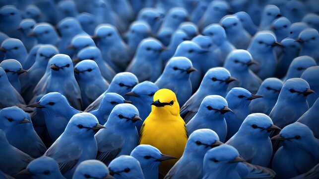 A vibrant yellow bird stands out in a crowd of identical blue birds, symbolizing individuality, uniqueness, and the courage to be different in a conformist society.
