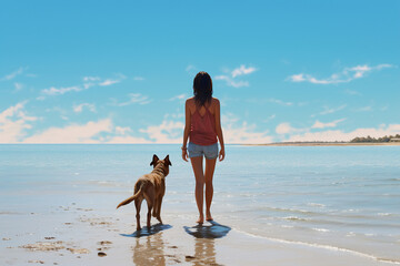 A young latin female is walking next to the waterline seen from the front with a dog on a leash on a calm and tranquil beach on a sunny day - relaxing activity dog and human walking