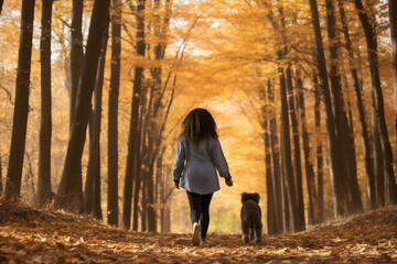 A young african american woman is walking happy on a forest trail with a dog running around in a old and tranquil forest seen from behind - vibrant autumn coloration of leaves on a walk in spare or fr
