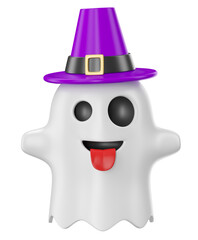 Halloween ghost with witch hat on transparent background in 3D Cartoon Illustration