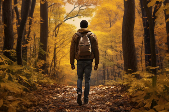 A young african american male is walking on a forest trail enjoying the surroundings with an autumn coat in a calm and tranquil forest during sunset and seen from behind - relaxing walking activity in