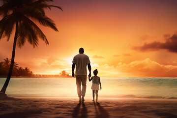A happy mixed racial father and daughter are walking on the sand next to the waterline with in winter clothing on a tropical during sunset beach - an active family: family and relaxing time concept on