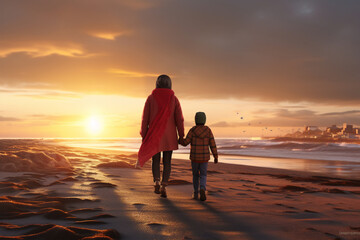 A happy african american mother and son are walking on the sand next to the waterline with in winter clothing on a European during sunset beach - an active family: family and relaxing time concept on 