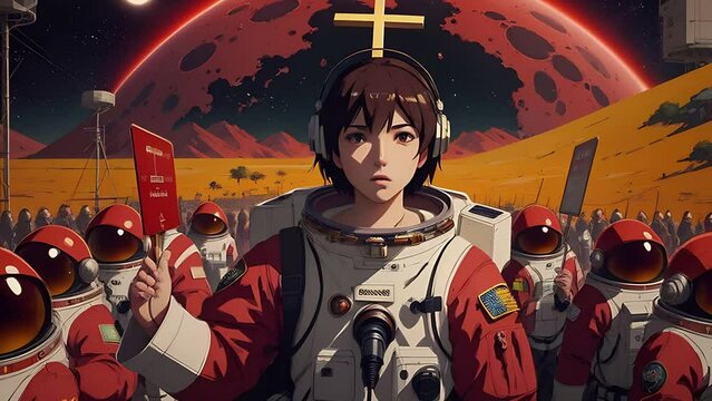 Astronaut in a spacesuit like a religious prophet animation. Dreamy cosmic animation, transformations and metamorphose. Adherents of a new cosmic religious movement. AI generated video