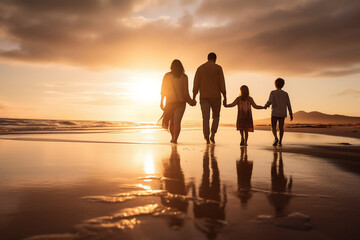 A happy latin family is walking on the sand next to the waterline with in winter clothing on a tropical during sunset beach - an active family: family and relaxing time concept on vacacion