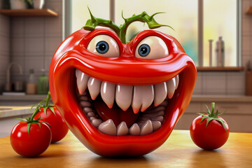 Mutant tomato, with sharp teeth and a menacing smile, sits in a kitchen setting, playfully highlighting concerns surrounding genetically modified organisms, GMO. A humorous illustration - obrazy, fototapety, plakaty