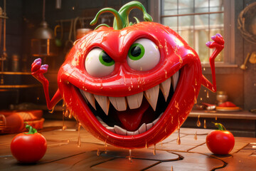 Mutant tomato, with sharp teeth and a menacing smile, sits in a kitchen setting, playfully highlighting concerns surrounding genetically modified organisms, GMO. A humorous illustration
