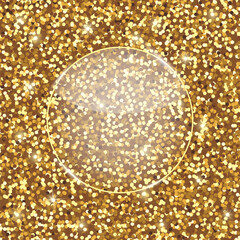 Golden glowing glitter background with glass frame
