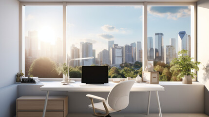 Fototapeta premium Minimalist design A modern home office setup with a sleek desk, ergonomic chair, and high-tech gadgets. Outside the window, a bustling city view contrasts with the serene work environment.