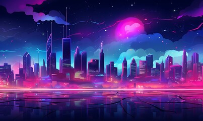 city ​​background with a night atmosphere filled with colorful stars and neon, Generative Ai